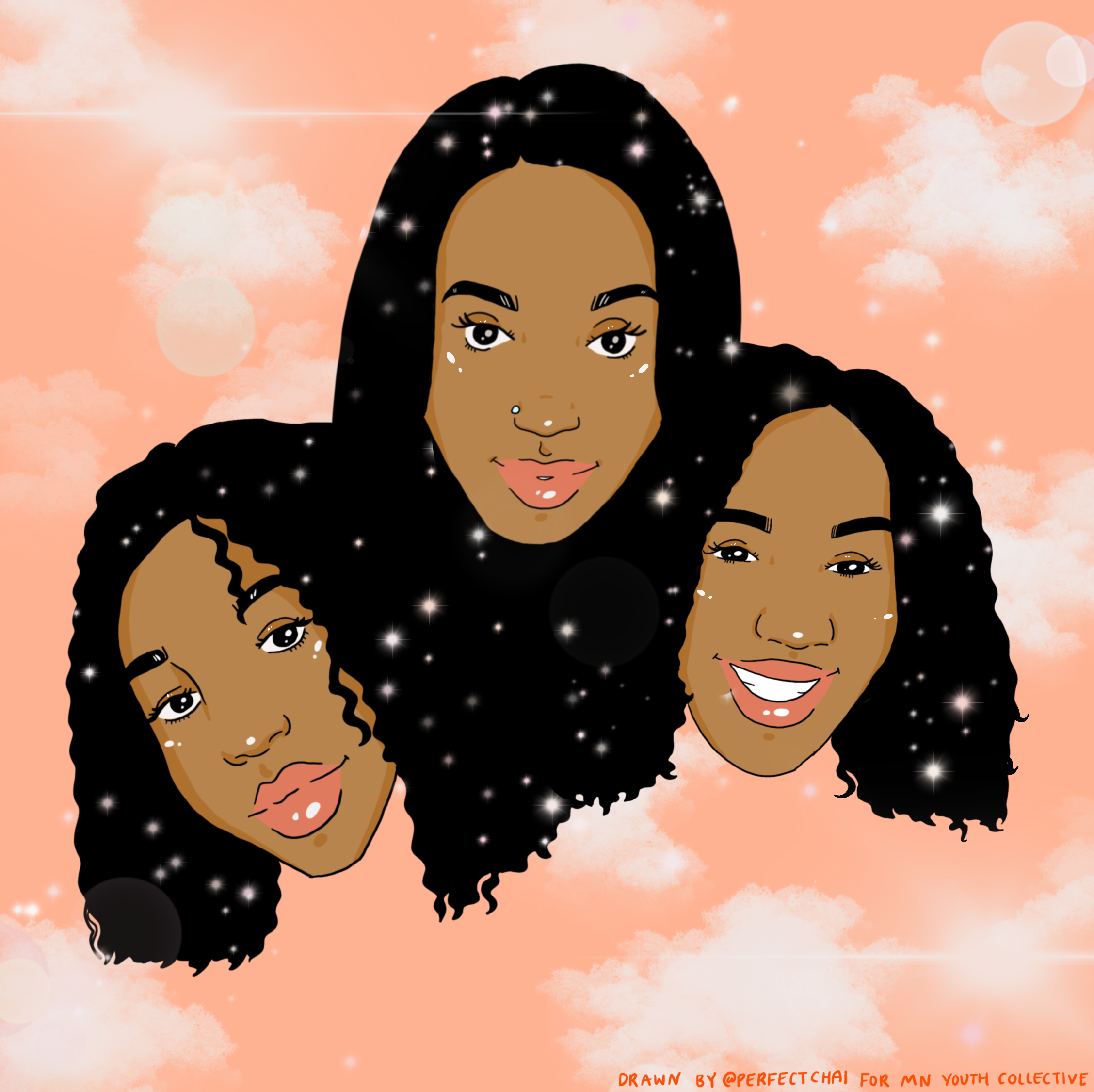 An Illustration of 3 women surrounded by clouds on a peach background