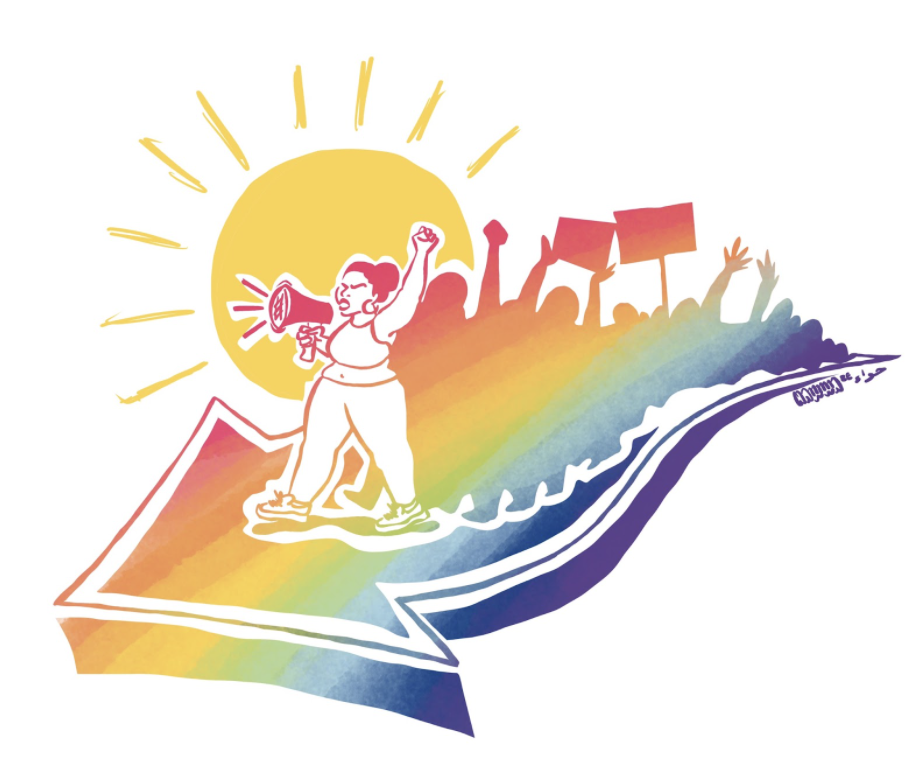 Graphic of a young black woman with a megaphone standing on a rainbowarrow, with a march of people behinds her