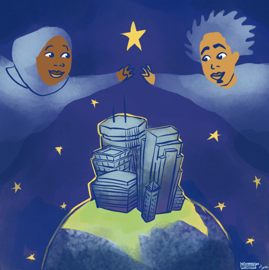 Graphic of a muslim woman and a man reaching for each other in the sky, between them is a star, underneath them is a city on top of the earth