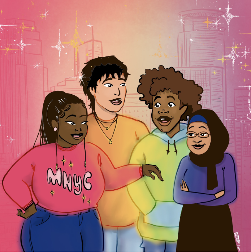 Illustration of teenagers having a conversation standing in front of a rainbow background with sparkles