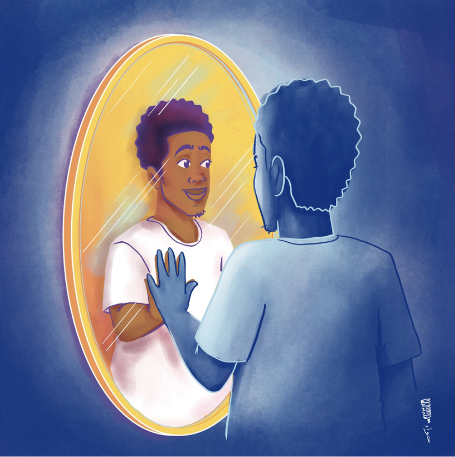 Illustration of a young man looking at himself in a mirror