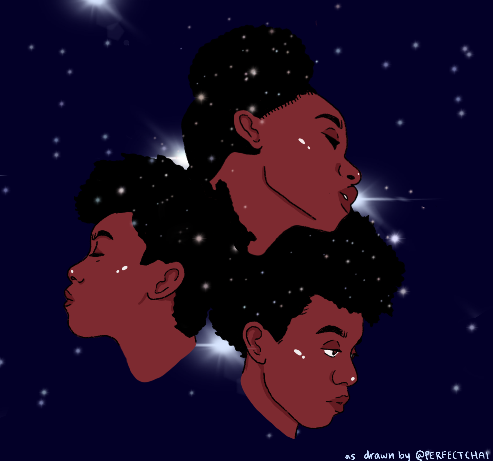 A Illustration of three black people with stars and comets behind them